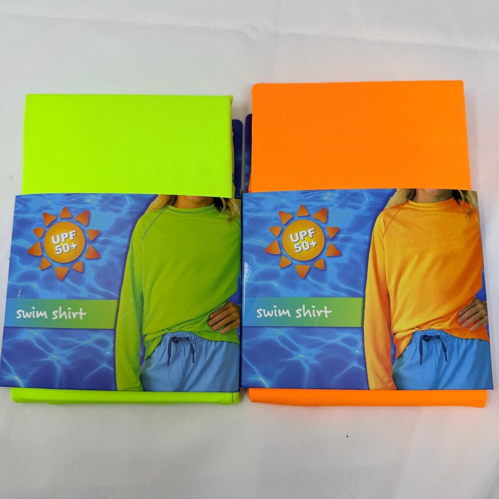 2 pack, youth medium swim shirts, long sleeve